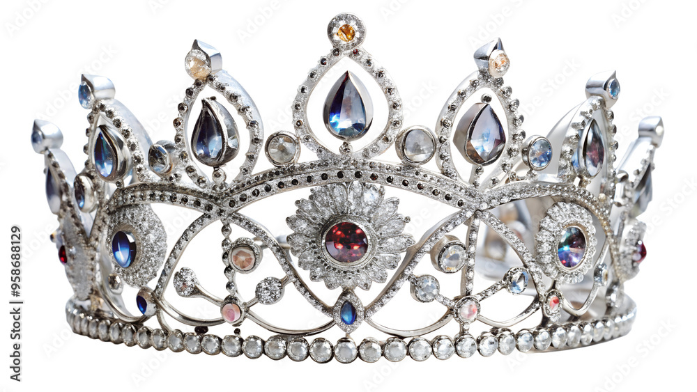 Obraz premium Diamond Silver Crown for Miss Pageant Beauty queen Contest, Crystal Tiara jewelry decorated gems stone, on white or transparent background. 