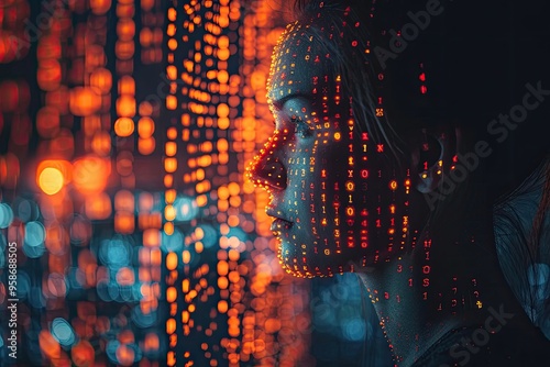 A conceptual image of a woman's silhouette filled with cryptocurrency symbols and digital patterns, representing the crypto investor's mindset