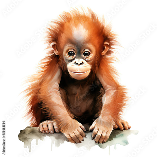 Beautiful Orangutan Watercolor Clipart, Ape Colored Design for Your Corporate and Business Graphic Resource or Creative Project, Ai Generative photo