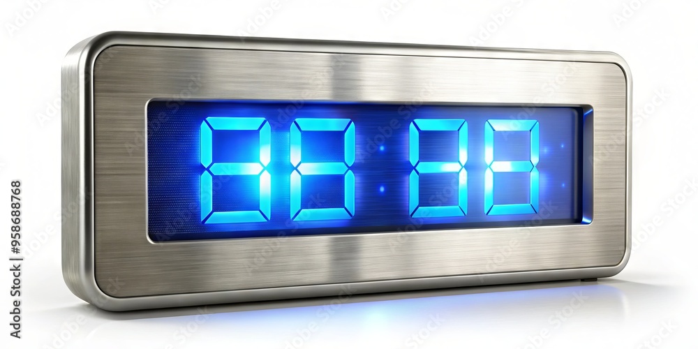 Modern minimalist digital clock face with sleek silver casing and bright blue LED lights displaying exact time, Modern minimalist digital clock face with sleek silver casing and bright blue LED lights displaying exact time,