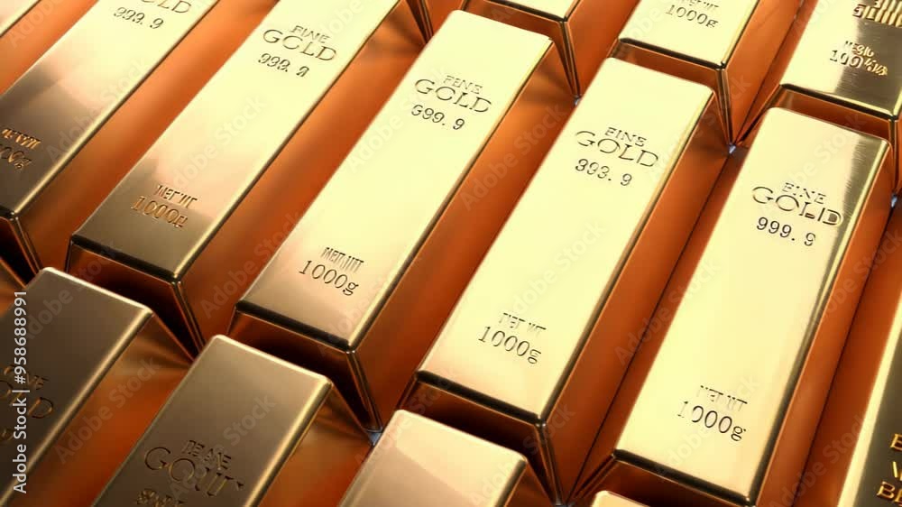 A close-up of gleaming gold bars arranged neatly, each marked with weight and purity. reflective surfaces highlight themes of wealth and luxury, ideal for financial projects. A close-up of gleaming gold bars arranged neatly, each marked with weight and purity. reflective surfaces highlight themes of wealth and luxury, ideal for financial projects.