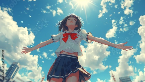 A girl in a Japanese high school uniform is dancing, with her arms outstretched and hands spread wide against the blue sky. Her short hair reaches her shoulders, and she has black eyes photo