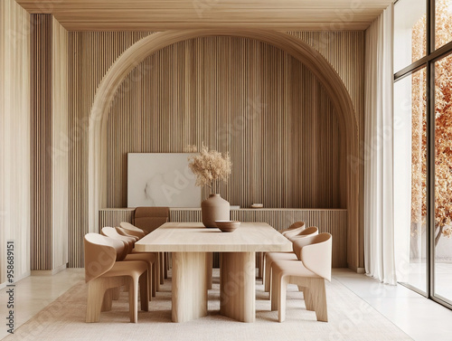 A dining room photo of a house with a Scandinavian interior with a cozy-looking wooden table and chair. The interior point is an arched structure. Generative AI