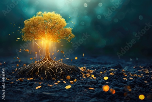 A conceptual image of a tree with coins as leaves and digital roots, symbolizing the growth and foundation of digital currency