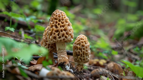 Two yellow morel mushrooms growing in a forest.