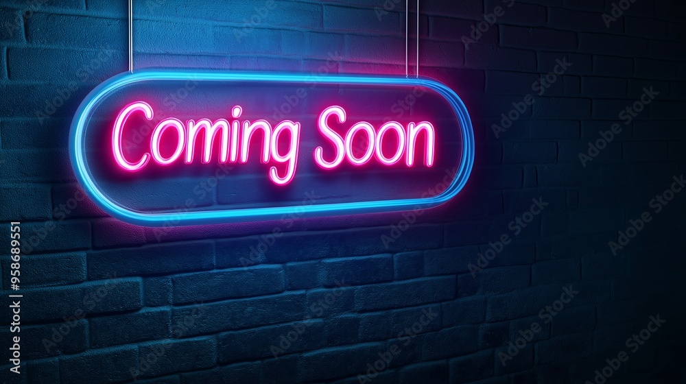 Coming Soon Retro Neon Sign on Trendy Background. AI Generative