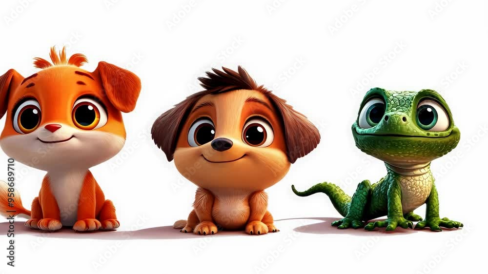 Three cute cartoon animals posing on white background