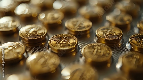  close-up image of gold coins with cryptocurrency symbols encased in a blister pack, mimicking the appearance of medication packaging. Perfect for representing the concept of digital currency,