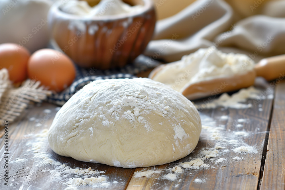 Knead flour dough on a wooden table.
