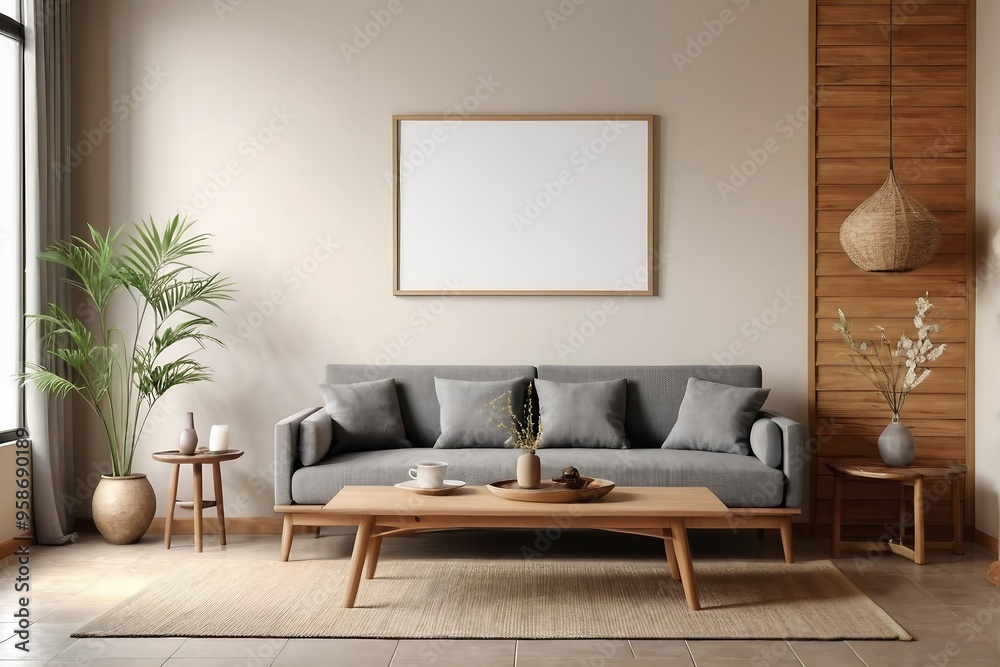 Japandi-style living room with a sofa, table, and mockup frame on the wall with copy space. Japandi-style living room with a sofa, table, and mockup frame on the wall with copy space.