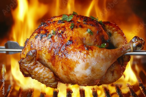 Deliciously roasted whole chicken on a rotisserie, perfectly golden and seasoned, with flames in the background, creating a mouthwatering and fiery ambiance. photo