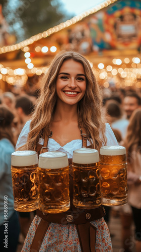 A waitress joyfully navigates a busy Oktoberfest tent, balancing large beer steins amidst a festive atmosphere photo