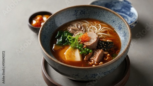 korean soups and stews dish haemul jeongol isolated on a aesthetic plating, concept for advertisement background photo