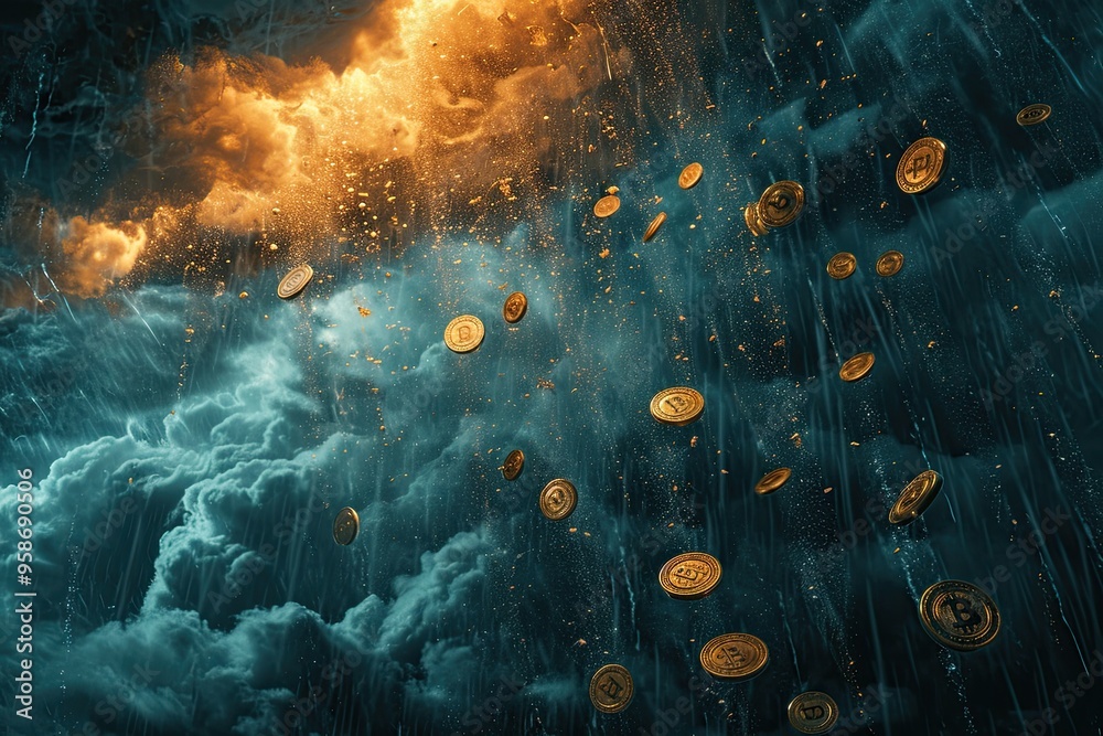 A creative depiction of a cryptocurrency market crash, with coins falling like rain in a stormy, dramatic sky A creative depiction of a cryptocurrency market crash, with coins falling like rain in a stormy, dramatic sky