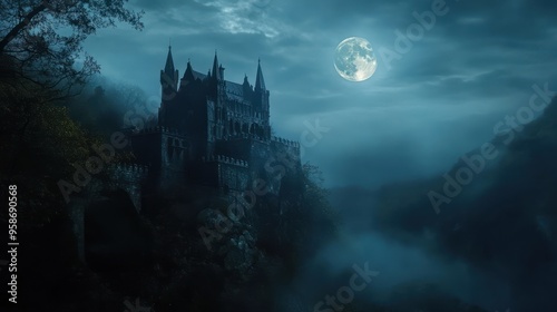 Dracula. haunted scary vampire. castle on a mountain during spooky misty dark night with full moon