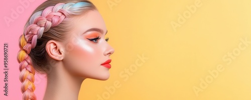 Fishtail braid with strands dipped in pastel colors, paired with metallic eyeshadow and a bright coral lip