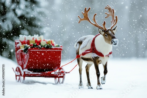 Reindeer Pulling a Red Sleigh Through a Snowy Forest