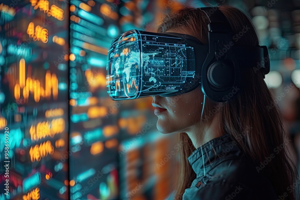 A creative depiction of a person wearing virtual reality goggles, interacting with a virtual cryptocurrency market A creative depiction of a person wearing virtual reality goggles, interacting with a virtual cryptocurrency market