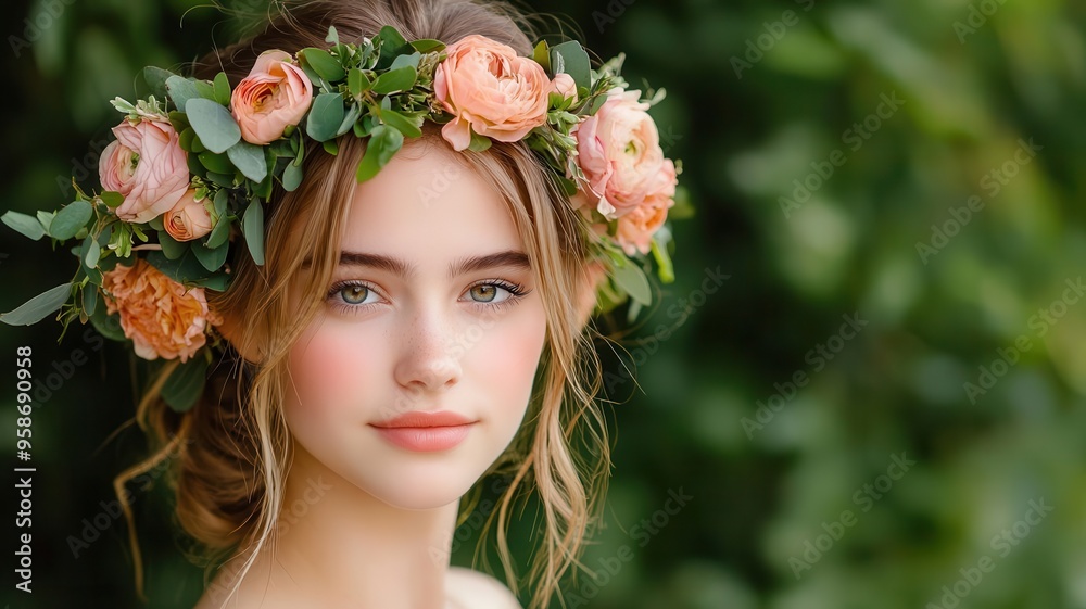 Messy bun with faceframing strands and a flower crown, paired with dewy makeup and a sunkissed glow Messy bun with faceframing strands and a flower crown, paired with dewy makeup and a sunkissed glow
