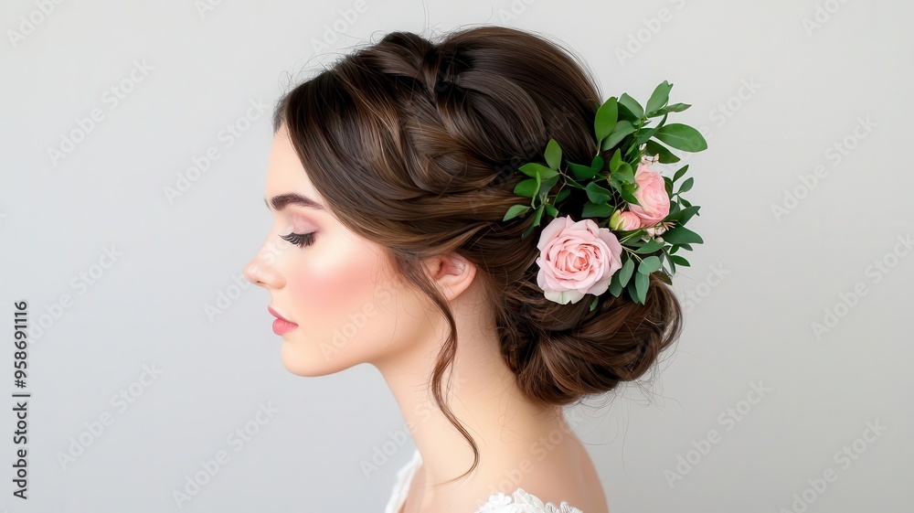 Cherry blossomthemed updo with soft, loose curls and flower accessories, paired with light pink lip gloss and luminous skin Cherry blossomthemed updo with soft, loose curls and flower accessories, paired with light pink lip gloss and luminous skin