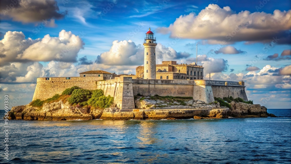 blue sky, navigational aid, coastal defense, Spanish colonial era, tourist attraction, A wide angle stock photo showcasing the historic Lighthouse of El Morro castle in Havana bay Cuba blue sky, navigational aid, coastal defense, Spanish colonial era, tourist attraction, A wide angle stock photo showcasing the historic Lighthouse of El Morro castle in Havana bay Cuba