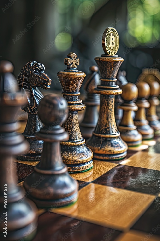 A creative shot of a chessboard with cryptocurrency coins as pieces, symbolizing strategic investment moves A creative shot of a chessboard with cryptocurrency coins as pieces, symbolizing strategic investment moves