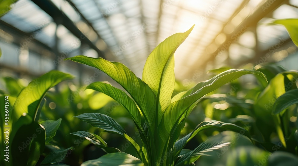 Healthy green plants bathed in artificial light within a modern greenhouse, representing sustainable indoor cultivation. Healthy green plants bathed in artificial light within a modern greenhouse, representing sustainable indoor cultivation.