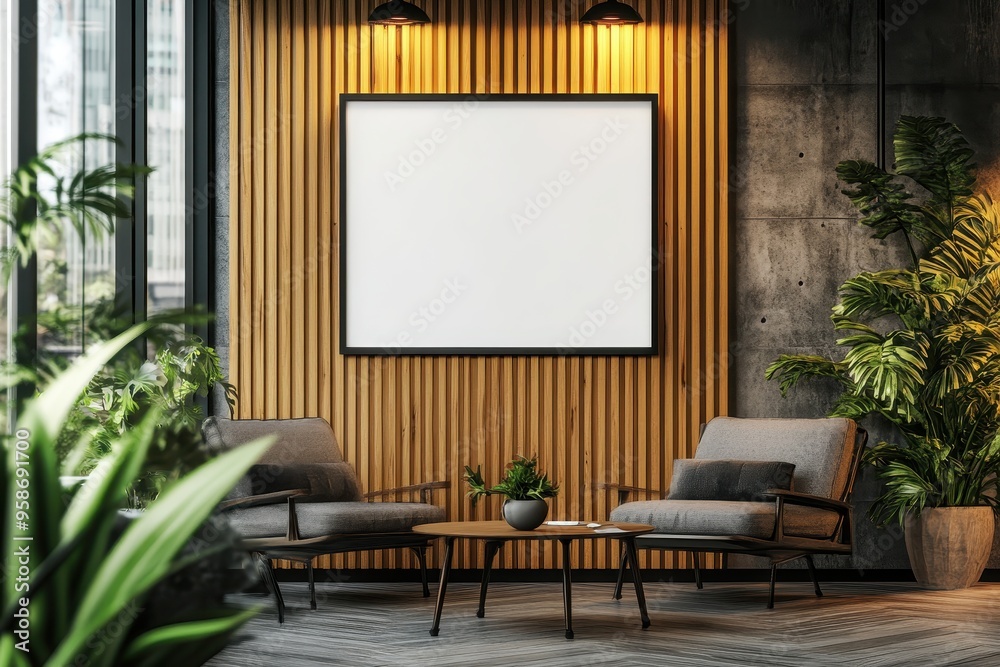 Cozy lounge area with modern furniture and plants, perfect for relaxation or meetings. Cozy lounge area with modern furniture and plants, perfect for relaxation or meetings.