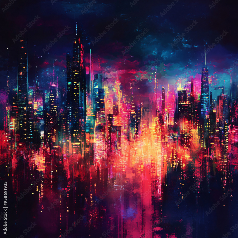 Fototapeta premium Abstract neon city lights against a dark sky.