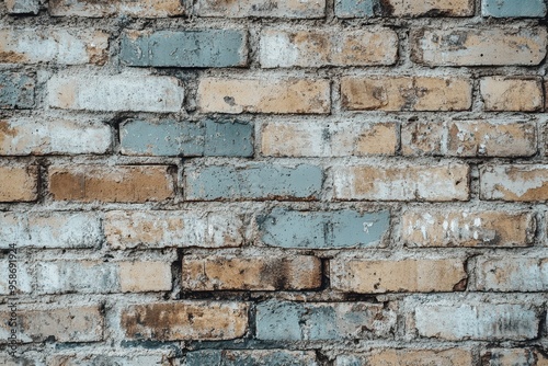 Weathered Brick Wall with Faded Paint and Mortar