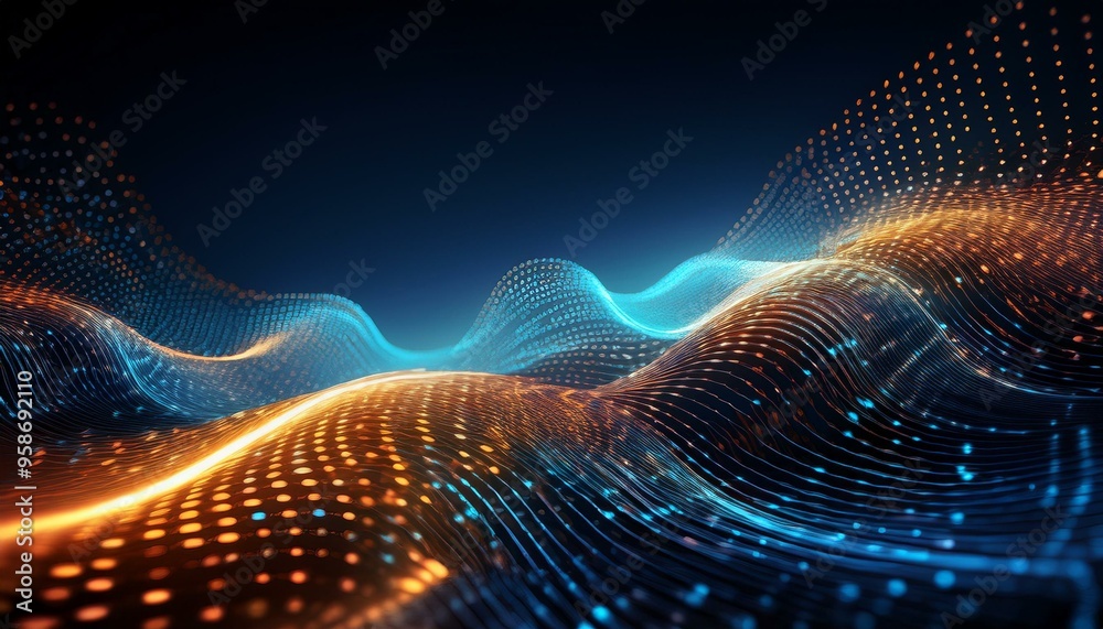 visualization depicting a wave or surface made of dots of light, with blue and orange colors, creating a dynamic and futuristic impression visualization depicting a wave or surface made of dots of light, with blue and orange colors, creating a dynamic and futuristic impression