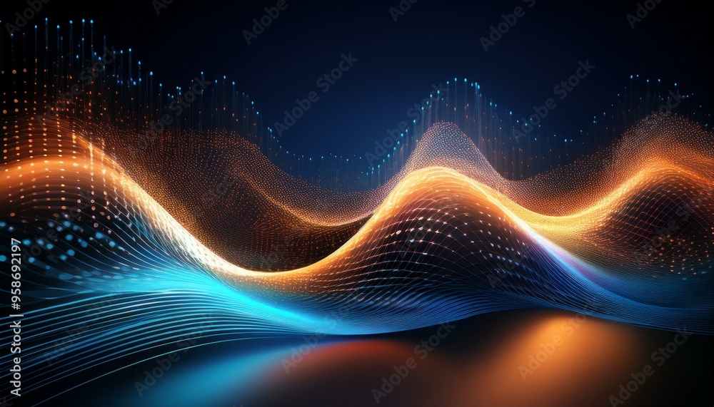 visualization depicting a wave or surface made of dots of light, with blue and orange colors, creating a dynamic and futuristic impression visualization depicting a wave or surface made of dots of light, with blue and orange colors, creating a dynamic and futuristic impression