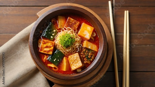 korean main dish sundubu jjigae isolated on a wooden plate, concept for advertisement background photo