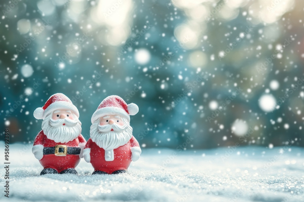 Two Santa Claus figurines standing in the snow Two Santa Claus figurines standing in the snow