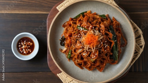 korean main dish kimchi bokkeumbap isolated on a aesthetic plating, concept for advertisement background photo