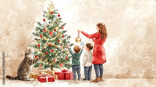 A joyful family decorates their Christmas tree together, surrounded by presents and a playful cat, capturing holiday spirit.