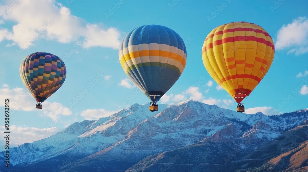Fototapeta premium Hot Air Balloons Soaring Over Snowy Mountains
