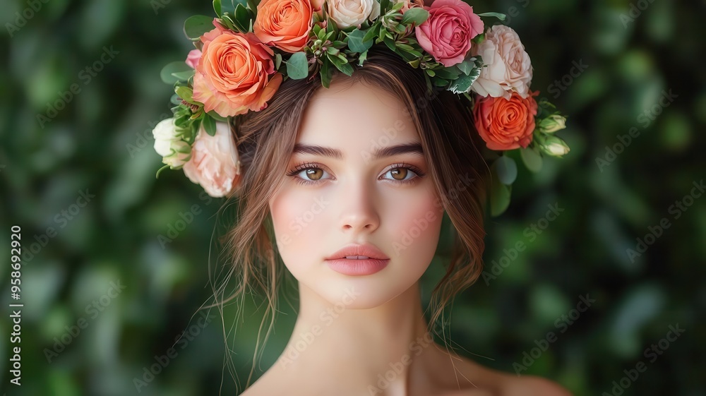 Messy bun with faceframing strands and a flower crown, paired with dewy makeup and a sunkissed glow Messy bun with faceframing strands and a flower crown, paired with dewy makeup and a sunkissed glow