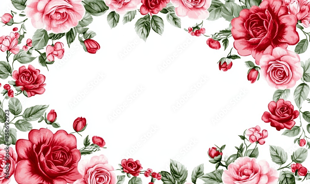 A white background surrounded by red and pink roses and green leaves. A white background surrounded by red and pink roses and green leaves.