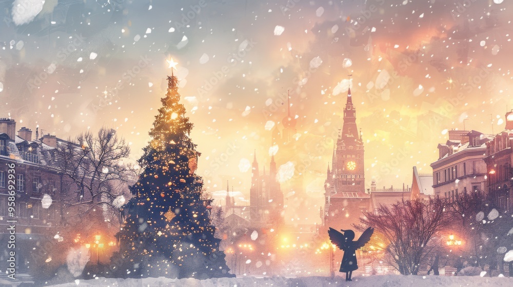 Winter cityscape photo with Christmas tree and angel silhouette. Watercolor illustration. Winter cityscape photo with Christmas tree and angel silhouette. Watercolor illustration.