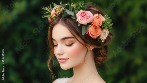 Messy bun with faceframing strands and a flower crown, paired with dewy makeup and a sunkissed glow photo