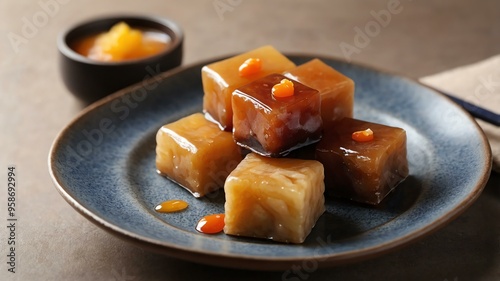 korean desserts and sweets dish tteok isolated on a aesthetic plating, concept for advertisement background