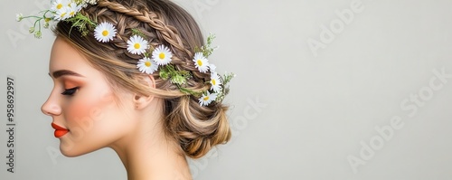 Romantic spring look with a halfup braided hairstyle, decorated with daisies, and natural makeup with a pop of coral on the lips photo