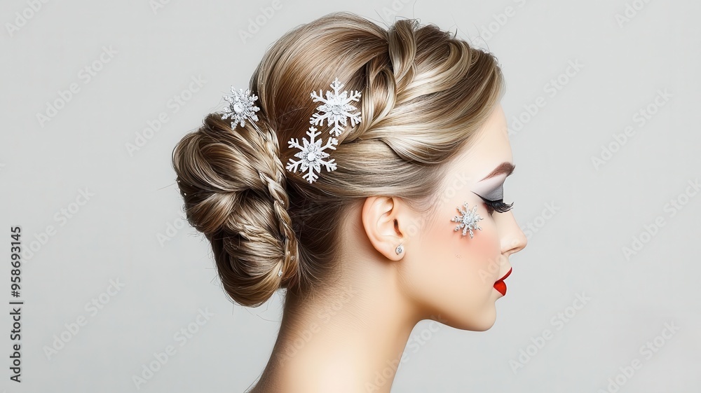 Braided updo with snowflake hairpins, complemented by makeup with shimmering white and grey eyeshadows and a bold red lip Braided updo with snowflake hairpins, complemented by makeup with shimmering white and grey eyeshadows and a bold red lip