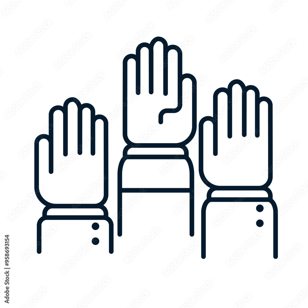 Hands raised up. Concept of rally, voting. Vector linear icon isolated on white background. Hands raised up. Concept of rally, voting. Vector linear icon isolated on white background.
