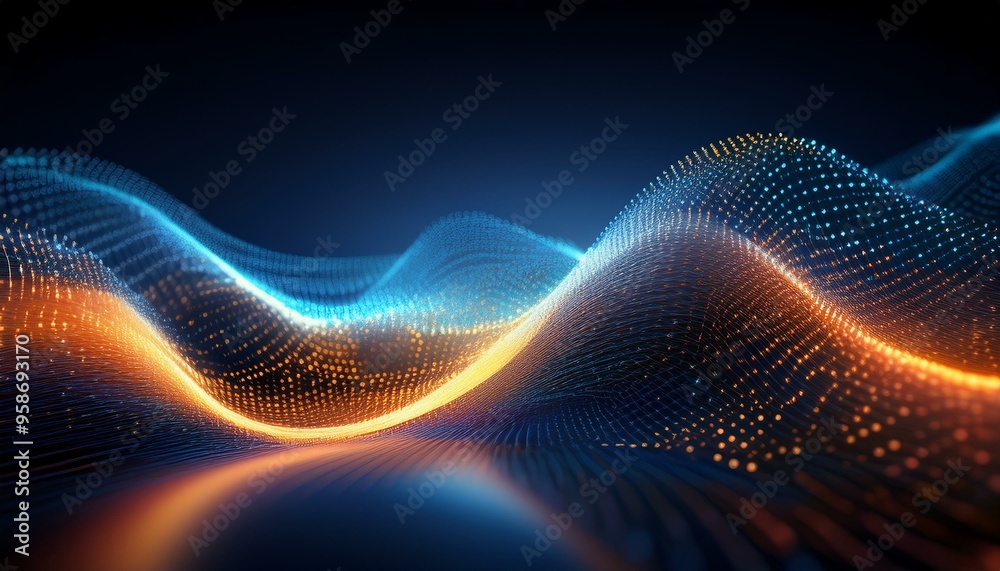 visualization depicting a wave or surface made of dots of light, with blue and orange colors, creating a dynamic and futuristic impression visualization depicting a wave or surface made of dots of light, with blue and orange colors, creating a dynamic and futuristic impression