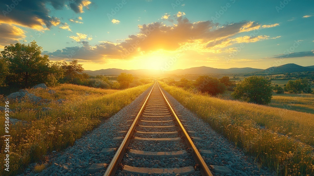 Obraz premium Sunset over train tracks