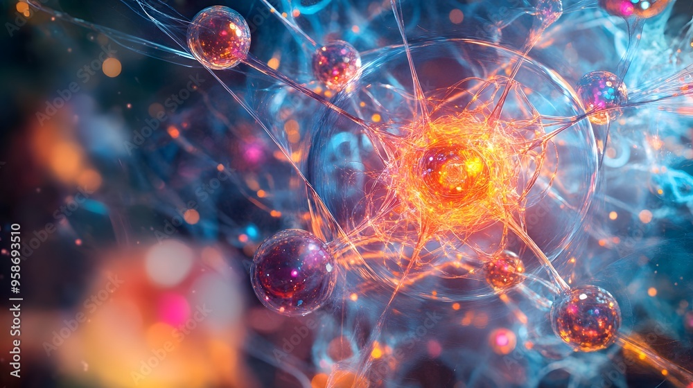 15. Vivid portrayal of a nutrient atom surrounded by radiant, intricate molecular structures 15. Vivid portrayal of a nutrient atom surrounded by radiant, intricate molecular structures
