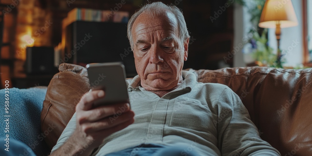 Senior Man Engrossed in Phone Senior Man Engrossed in Phone