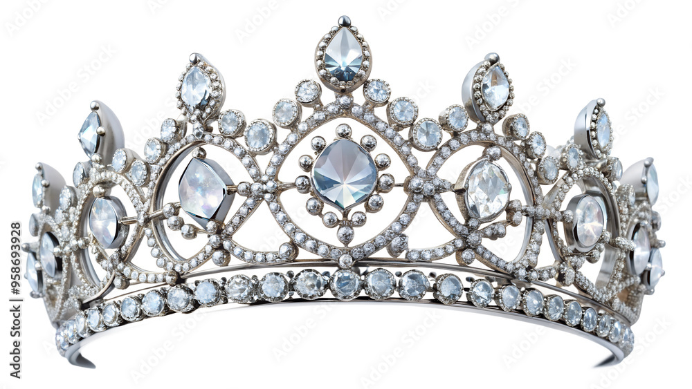 Diamond Silver Crown for Miss Pageant Beauty queen Contest, Crystal Tiara jewelry decorated gems stone, on white or transparent background.	